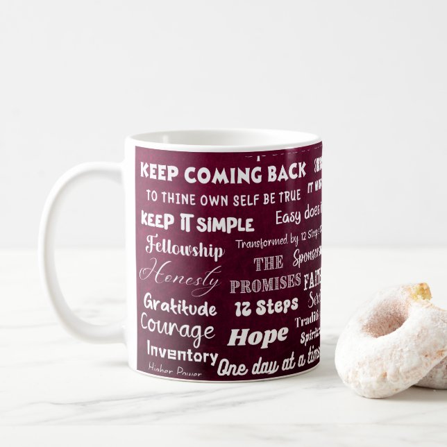 12 Step Recovery Words & Slogans Coffee Mug (With Donut)