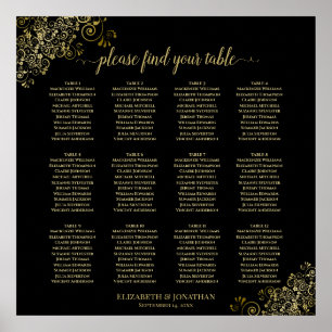 12 Table Black Wedding Seating Chart Gold Frills
