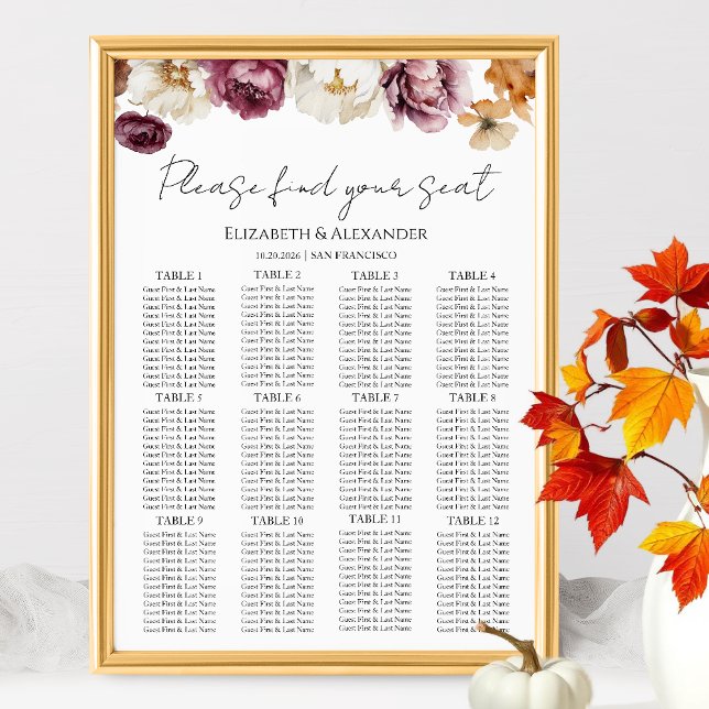 12 Table Burgundy Floral Wedding Seating Chart (Creator Uploaded)
