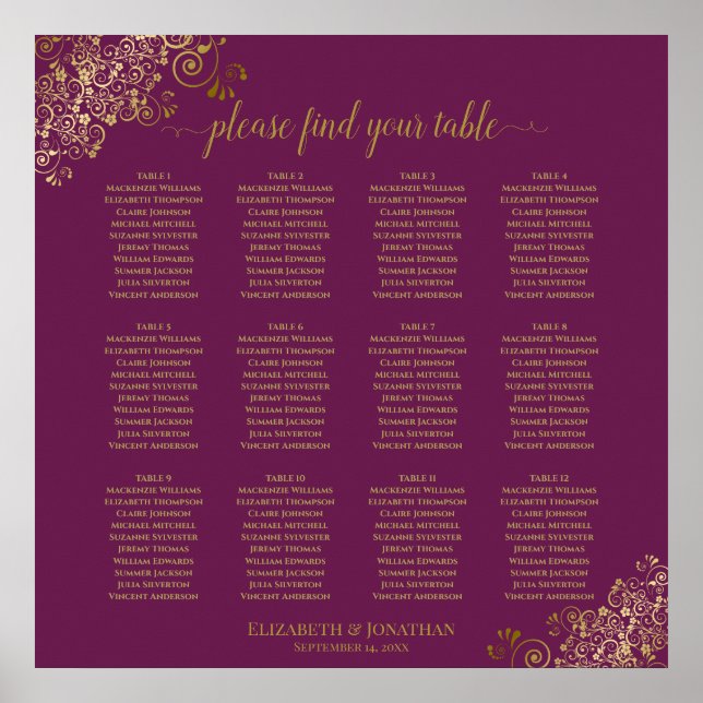 12 Table Cassis Purple Wedding Seating Chart Gold (Front)