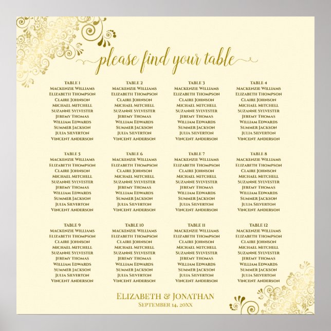 12 Table Cream Wedding Seating Chart Gold Frills (Front)
