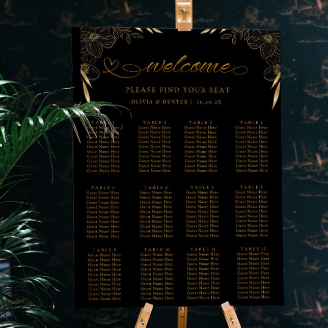 12 Table Elegant Black Wedding Seating Chart Board (Black and Gold Floral Wedding seating chart)