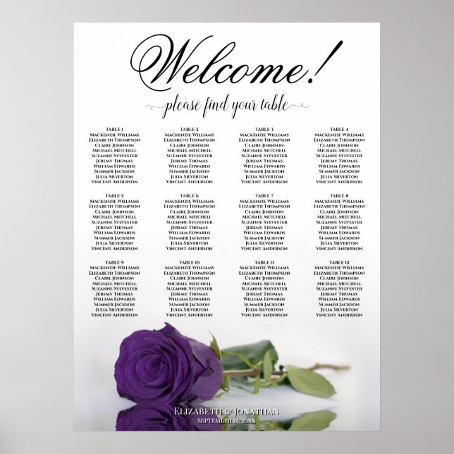 12 Table Elegant Royal Purple Rose Seating Chart (Front)