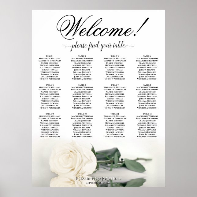 12 Table Elegant White Rose Wedding Seating Chart (Front)