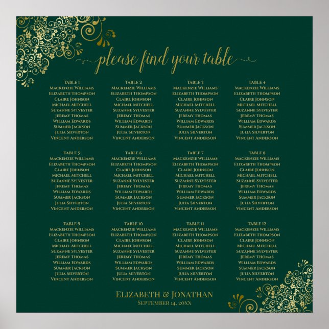 12 Table Emerald Green Wedding Seating Chart Gold (Front)