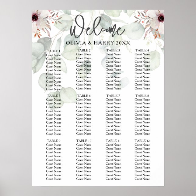 12 Table Eucalyptus Floral Wedding Seating Chart (Front)