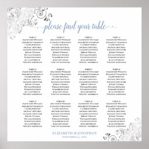 12 Table Frilly Blue & White Wedding Seating Chart