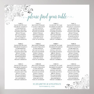 12 Table Frilly Teal & White Wedding Seating Chart