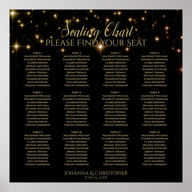 12 Table Gold Sparkles Black Wedding Seating Chart (Front)