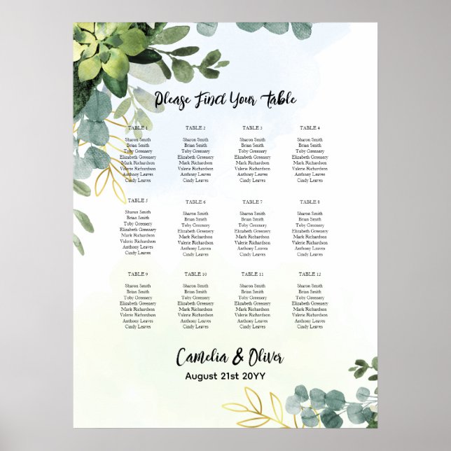 12 Table Greenery Eucalyptus PHOTO Seating Chart (Front)