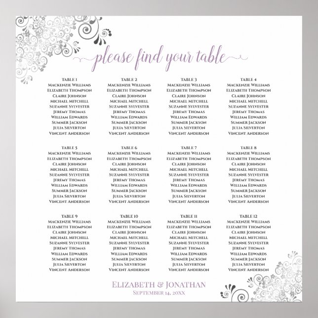 12 Table Lacy Lavender White Wedding Seating Chart (Front)