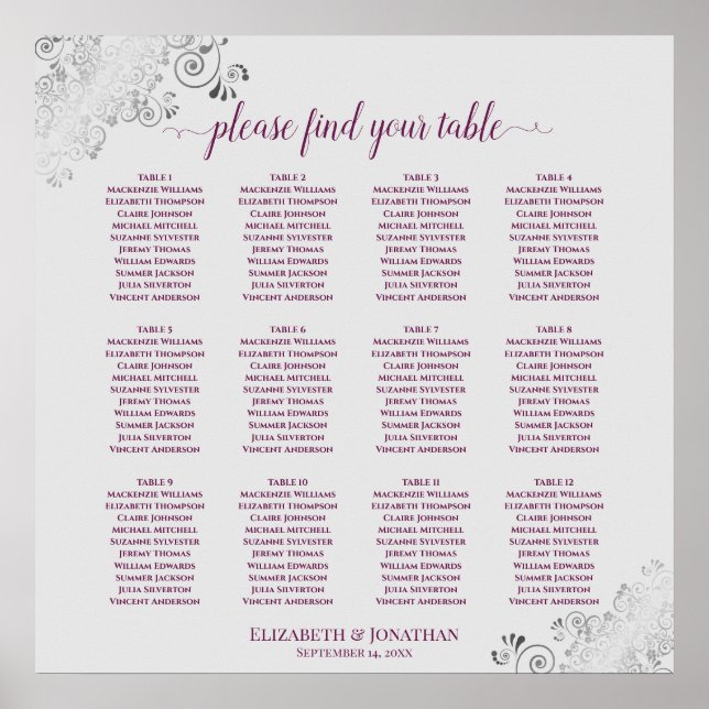 12 Table Magenta on Gray Wedding Seating Chart (Front)