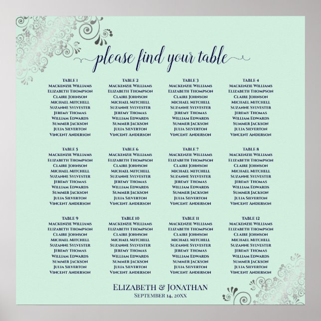 12 Table Mint Green & Navy Wedding Seating Chart (Front)