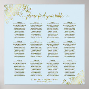 12 Table Powder Blue & Gold Wedding Seating Chart
