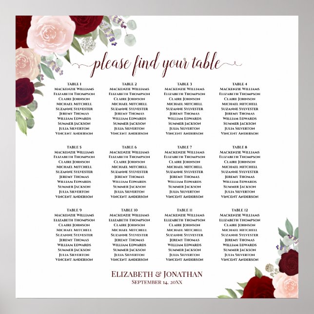 12 Table Red & Pink Floral Wedding Seating Chart (Front)