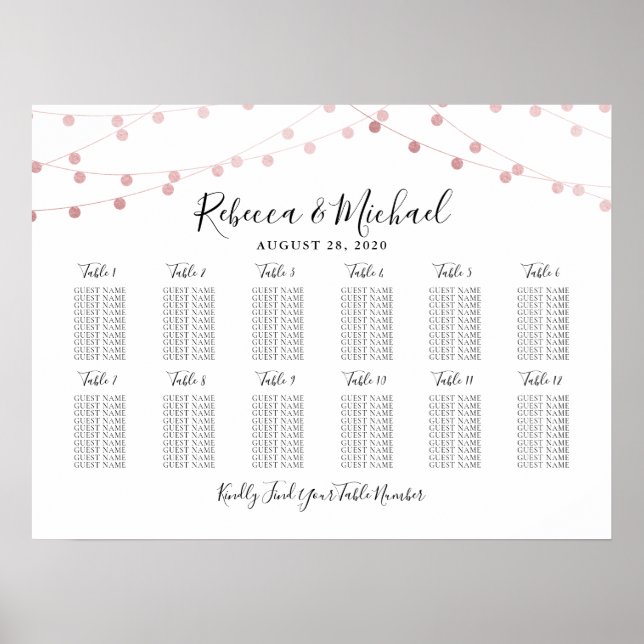 12 Table Rose Gold String Lights Seating Chart (Front)