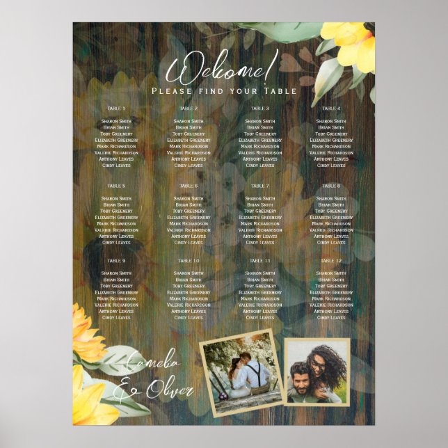 12 Table Rustic Wood SUNFLOWERS PHOTO SEATING Poster (Front)