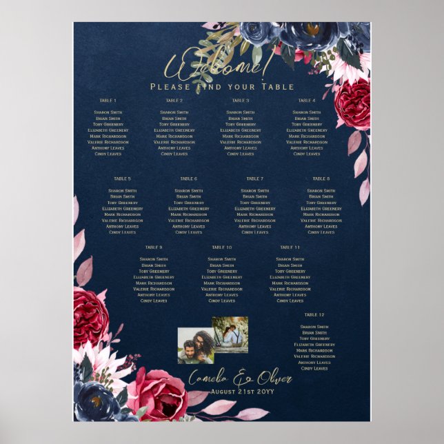 12 Table Seating Chart Photo Welcome Burgundy Blue (Front)
