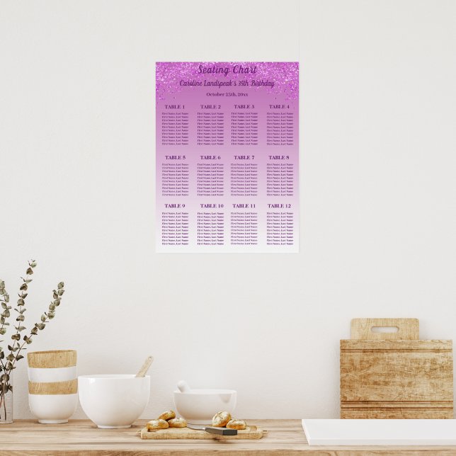 12 Table Seating Chart Template Pink Glitter (Kitchen)
