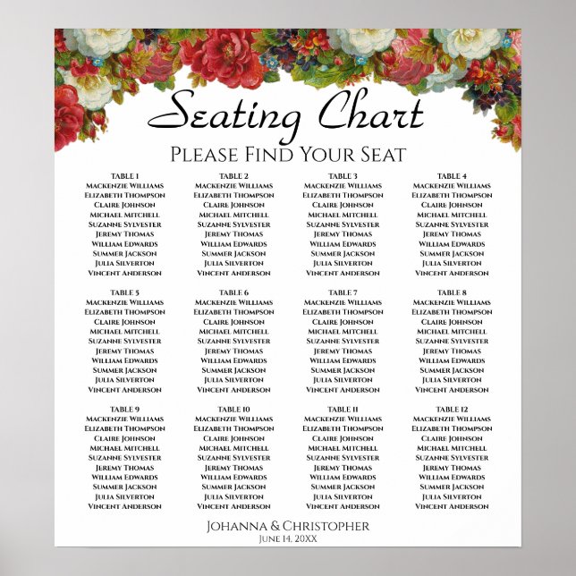 12 Table Vintage Roses Wedding Seating Chart (Front)