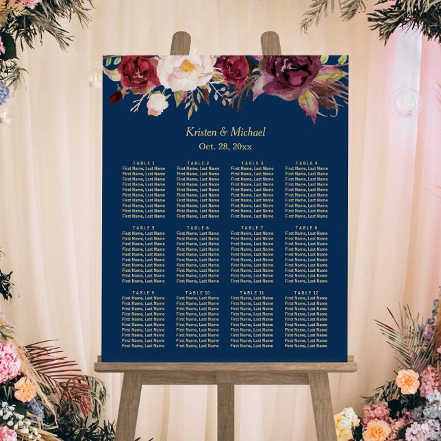 12 Tables Burgundy Floral Wedding Seating Chart (Creator Uploaded)