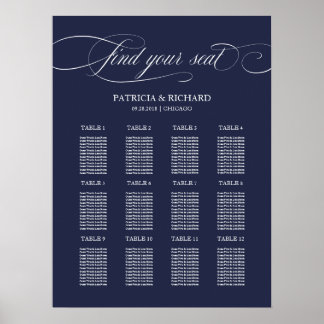 12 Tables Navy Blue Wedding Seating Plan Board Poster