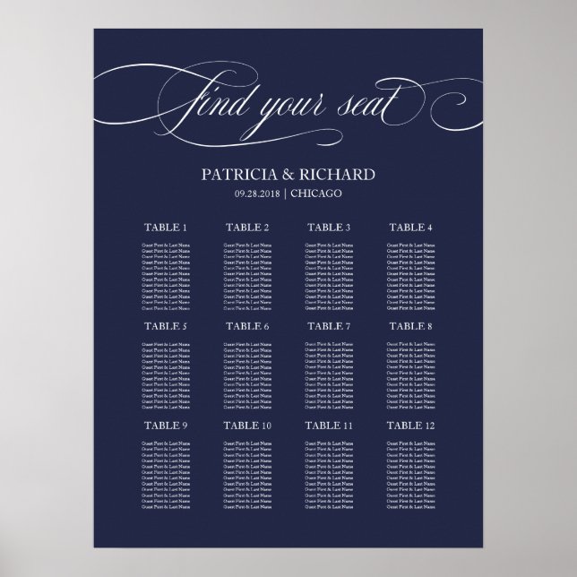12 Tables Navy Blue Wedding Seating Plan Board Poster (Front)