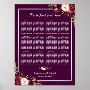 12 Tables Plum Purple Floral Wedding Seating Chart