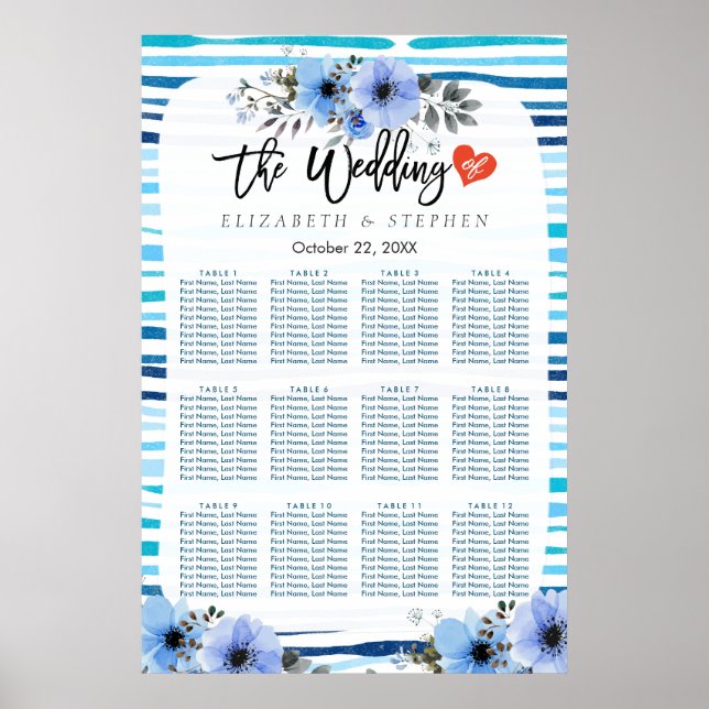 12 Tables Seating Chart Blue Watercolor Floral (Front)