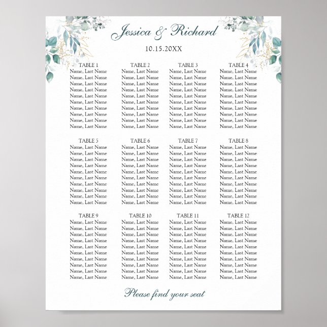 12 Tables Seating Chart Poster Sign (Front)