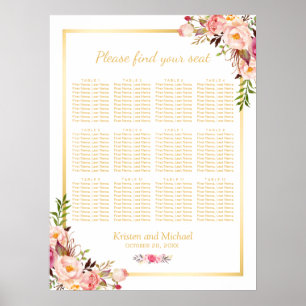 12 Tables Wedding Seating Chart Chic Floral Gold