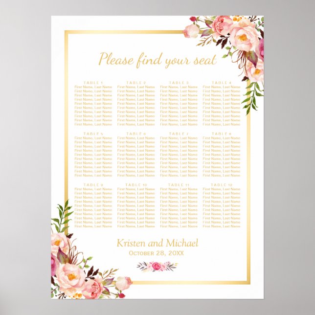 12 Tables Wedding Seating Chart Chic Floral Gold (Front)