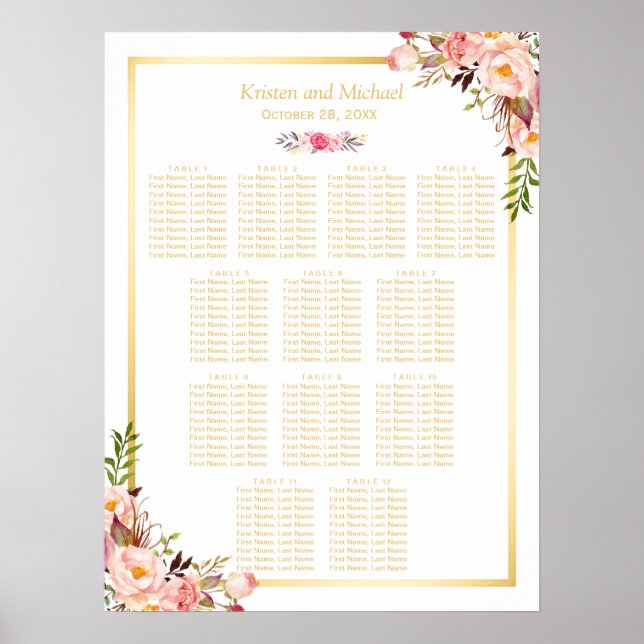 12 Tables Wedding Seating Chart Classy Chic Floral (Front)
