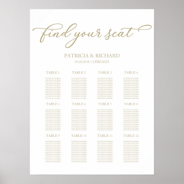 12 Tables Wedding Seating Plan Chic Script Poster (Front)