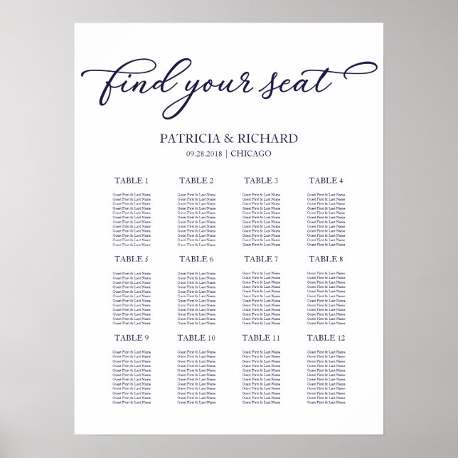 12 Tables Wedding Seating Plan Chic Script Sign (Front)