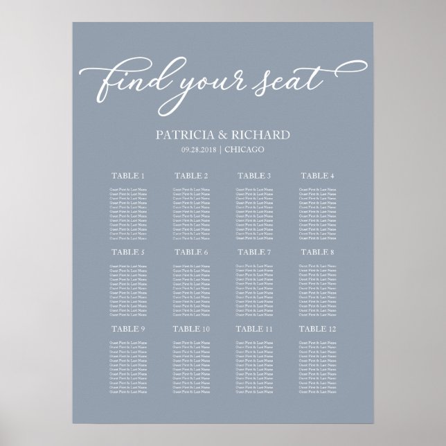 12 Tables Wedding Seating Plan Dusty Blue Sign (Front)
