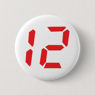 12 twelve  red alarm clock digital number 6 cm round badge