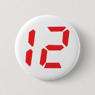 12 twelve red alarm clock digital number 6 cm round badge
