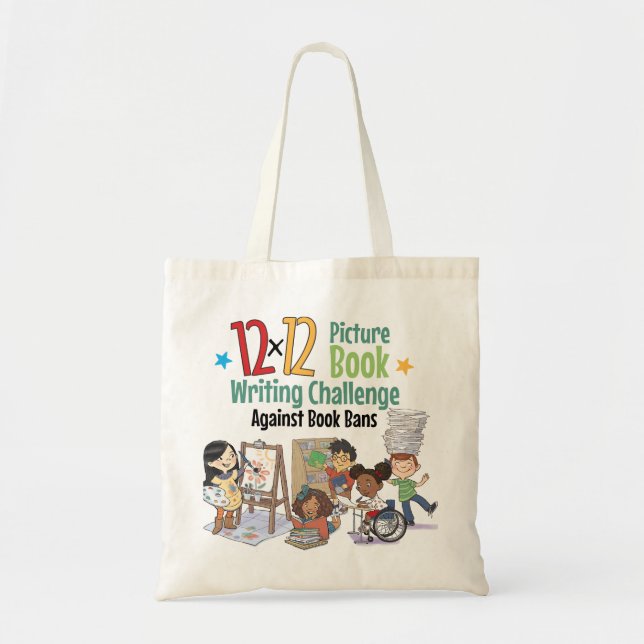 12 x 12 Against Book Bans Cream Character Tote Bag (Front)