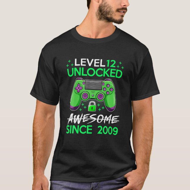 12 Yrs Old Gift Boy Level 12 Unlocked Awesome 2009 T-Shirt (Front)