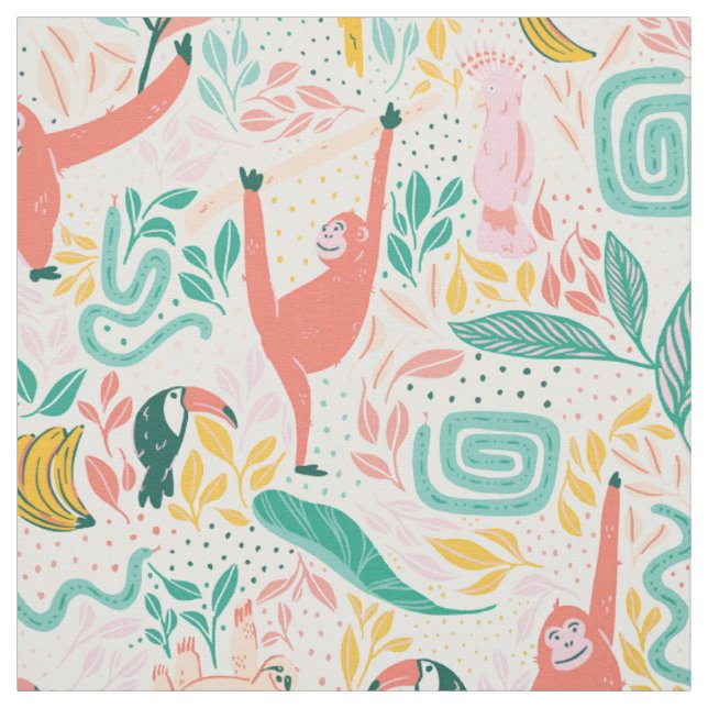 (12in) Jungle Happy Animals Colourful Tropical Fabric (Swatch)