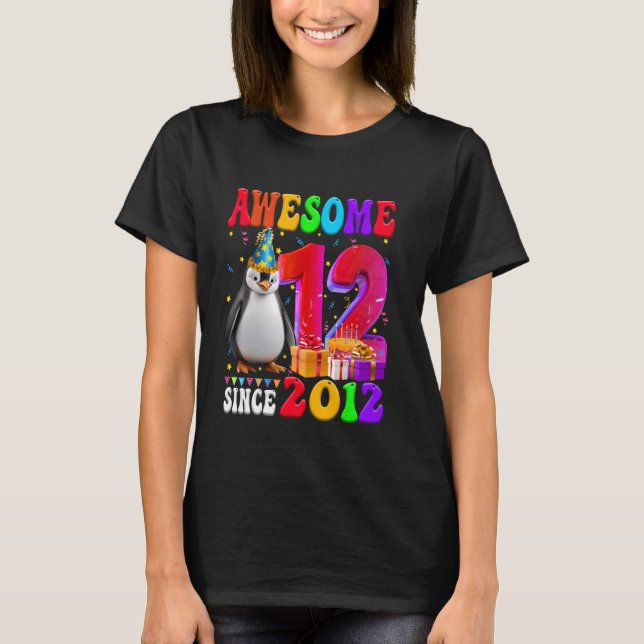 12nd Birthday Girl Party Penguin 12 Years Old Awes T-Shirt (Front)