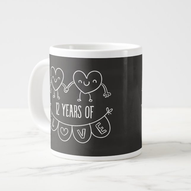 12th Anniversary Gift Chalk Hearts Large Coffee Mug (Front Left)