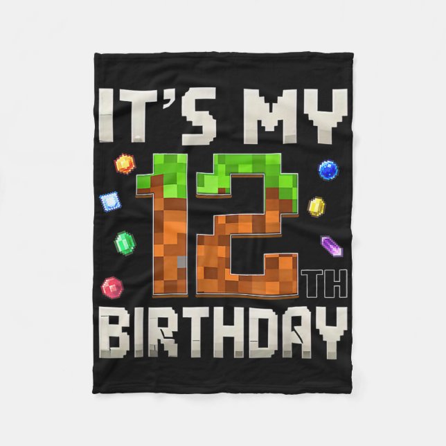 12th Birthday 12 Year Old Birthday Boy Gamer Pixel Fleece Blanket (Front)