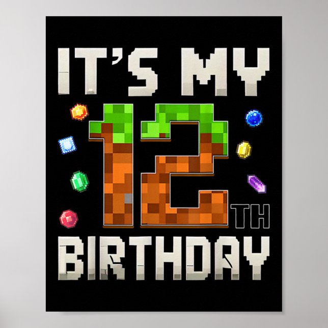 12th Birthday 12 Year Old Birthday Boy Gamer Pixel Poster (Front)