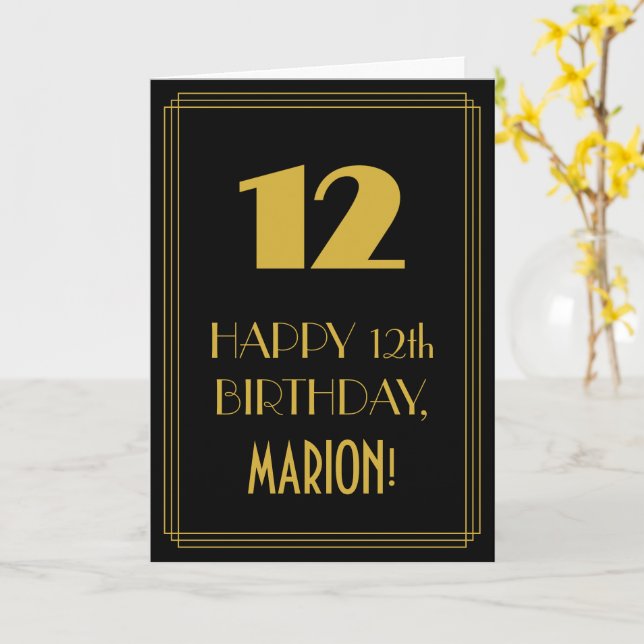 12th Birthday – Art Deco Inspired Look "12" & Name Card (Yellow Flower)