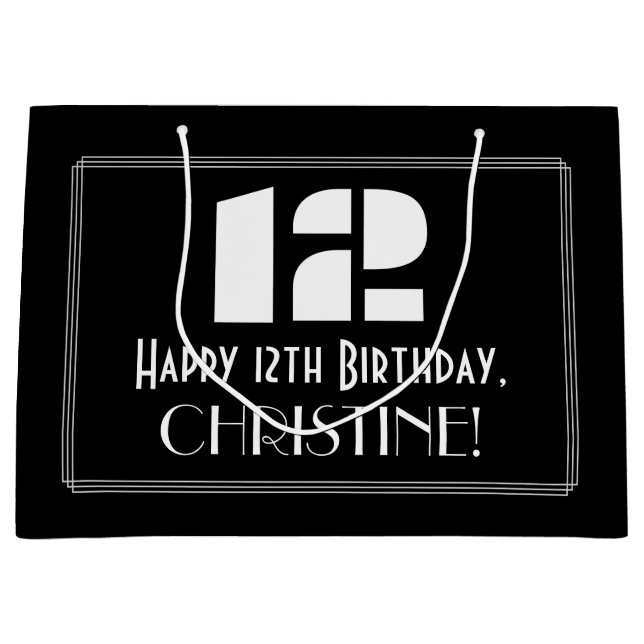 12th Birthday ~ Art Deco Inspired Look "12" + Name Large Gift Bag (Front)