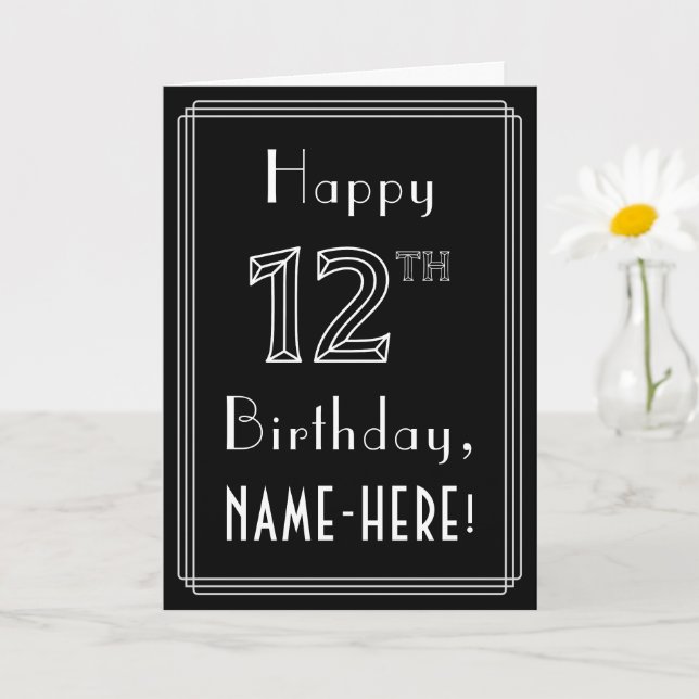 12th Birthday: Art Deco Style # 12 & Custom Name Card (Small Plant)