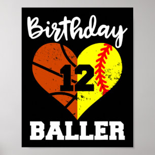 12th Birthday Baller Fun 12 Year Old Softball Bask Poster