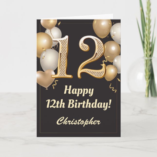 12th Birthday Black and Gold Balloons Confetti Card (Front)